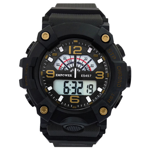 ساعت اسپرت ورزشی مشکی SPORTطلایی پسرانه - مردانه امپاور کمربندی ضدآب ساعت شیک لاکچریEMPOWER طرح جیشاک جی شاک