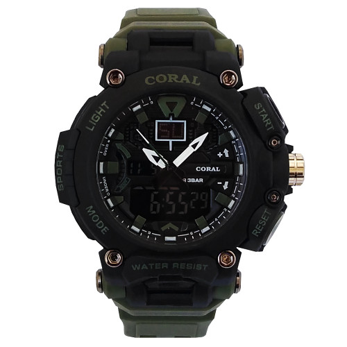 ساعت اسپرت مشکی جی شاک سبز کورال مردانه CORAL دیجیتال آنالوگ دوزمانه ضدآب SPORTجیشاک