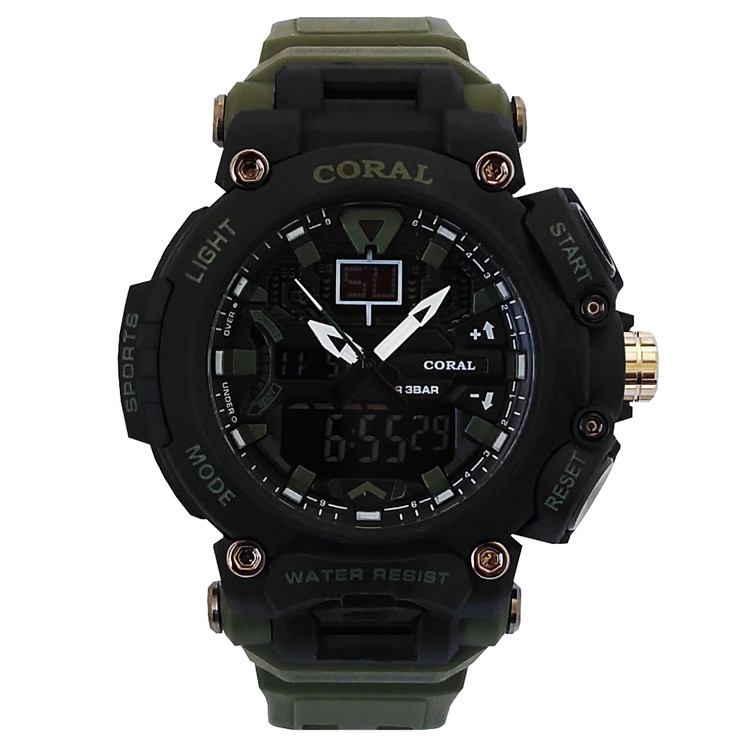 ساعت اسپرت مشکی جی شاک سبز کورال مردانه CORAL دیجیتال آنالوگ دوزمانه ضدآب SPORTجیشاک