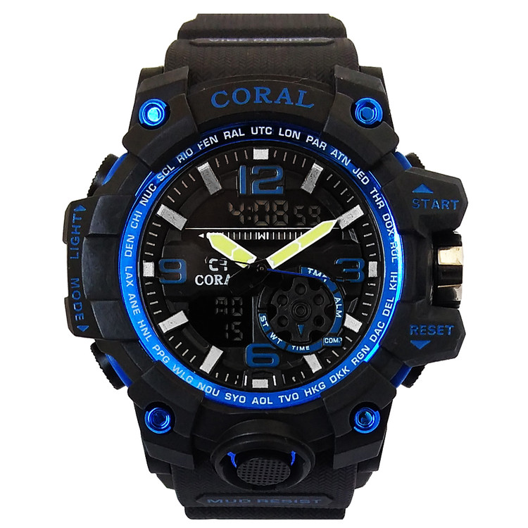 ساعت اسپرت مشکی جی شاک مشکی آبی کورال مردانه CORAL دیجیتال آنالوگ دوزمانه ضدآب SPORTجیشاک