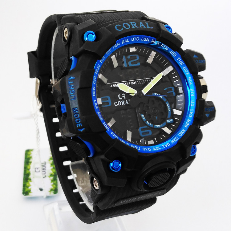 ساعت اسپرت مشکی جی شاک مشکی آبی کورال مردانه CORAL دیجیتال آنالوگ دوزمانه ضدآب SPORTجیشاک