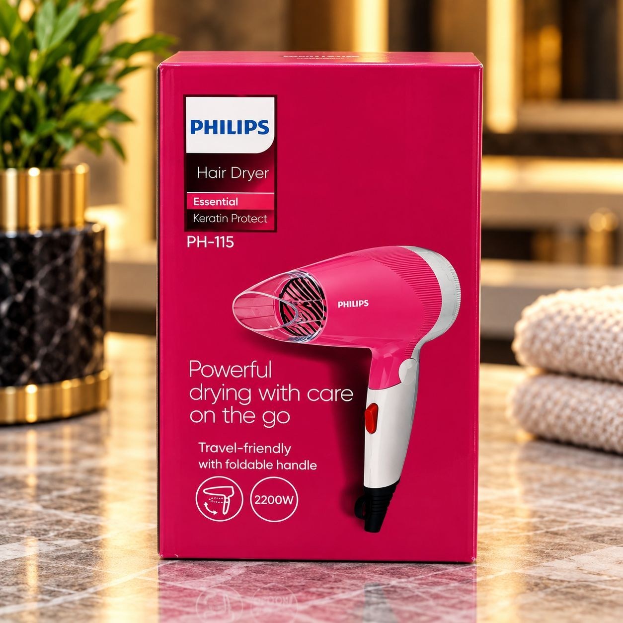 سشوار مسافرتی تاشو پر قدرت فیلیپس ph-115 دارای باد پخش کن و باد سرد 2200 وات
