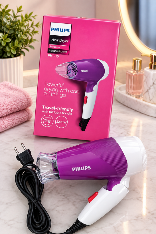 سشوار مسافرتی تاشو پر قدرت فیلیپس ph-115 دارای باد پخش کن و باد سرد 2200 وات